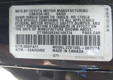 2004 Toyota Corolla Le from USA, damaged, VIN 2T1BR32E24C186774